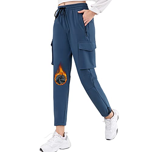 Pantalones de senderismo de carga para mujer, con forro polar, impermeables, softshell, cálido, para invierno, para acampar al aire libre, viajes, pantalones deportivos, Azul / Patchwork, Large Cover