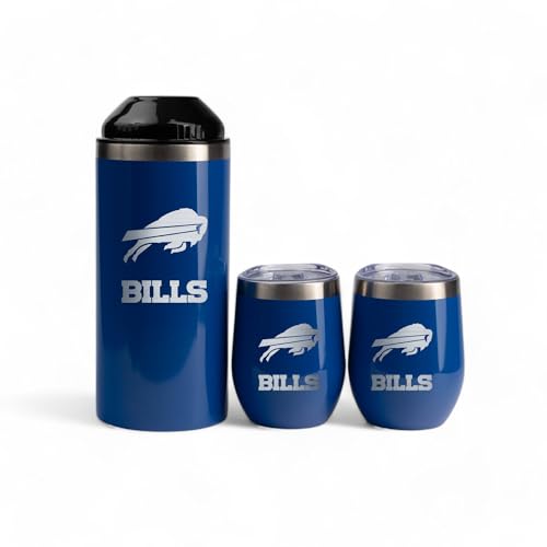The Memory Company Officially Licensed Wine Bottle Chiller with 2 Ceramic Lined 12oz. SS Stemless Wine Tumblers, Buffalo Bills
