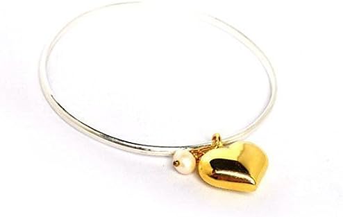 Heart Sterling Silver and Gold Charm Bangle Bracelet