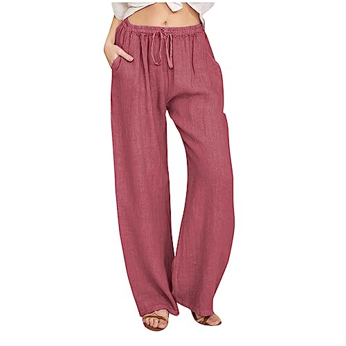 Pantalones anchos Cintura Largo Cordón Casual Lino Elástico Mujeres Pierna Sólido Algodón Pantalones Pantalones Mujer Cuero Sintético, Rojo sandía, S
