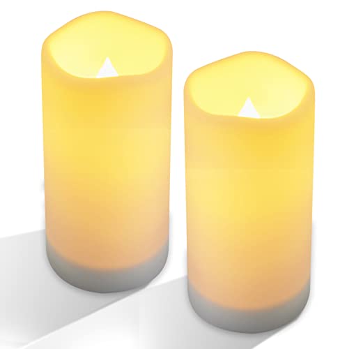 Image of NURADA Large Outdoor Solar Powered Candles - Flameless Pillar Waterproof Rechargeable Candle Set, White Resin, LED Light, Rechargeable Solar Battery Included, Waterproof for Patio Decor 3.25 inch x 6 inch