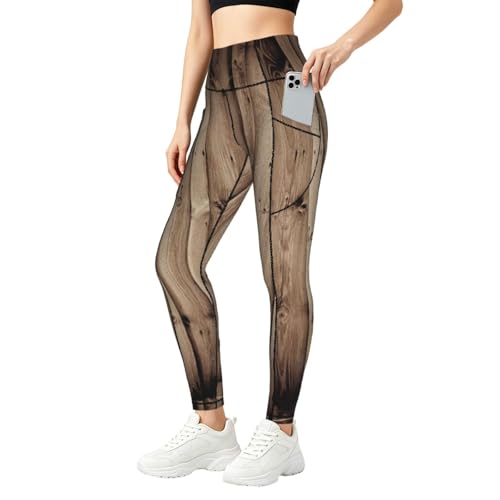Leggings con bolsillos de entrenamiento para mujer con estampado madera