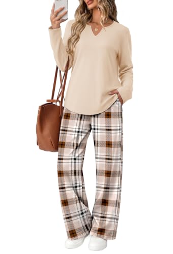 WIHOLL 2 Piece Sets for Women 2026 Lounge Long Sleeve Shirts Wide Leg Pants