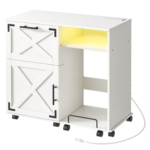 HOOBRO File Cabinet with Charging Station/LED Lights, Wooden Lateral Filing Cabinet on Wheels,...