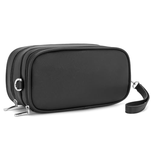 Makeup Bag for Women, Wide-open Makeup Organizer with Makeup Brush Holder, Waterproof Cosmetic Bag with Compartment, Portable Travel-Size Toiletry Bag for Traveling, Large Make Up Bag (Black)