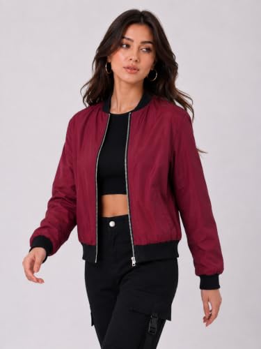 Image of Women's Bomber Jacket | Lightweight Zip-Up Casual Jacket | Full Sleeve Ribbed Collar Solid Jacket with Pockets | Stylish Outdoor Windcheater