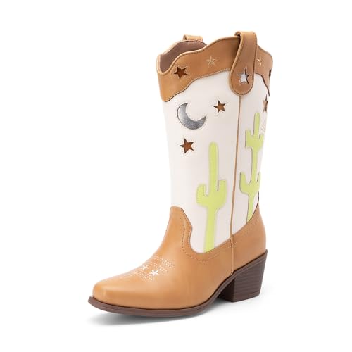 DREAM PAIRS Girls Cowboy Boots Cowgirl Mid Calf Western Boots with Low Heel Square Toe for Little Kid/Big Kid 13 Little Kid Beige/Tan