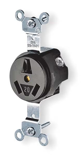 Receptacle, 20 A Amps, 250V AC, Flush Mount, Single Outlet, 10-20R, Black