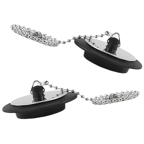 QILUCKY 2 Pcs Universal Bath & Kitchen Sink Plug with Stainless Steel Chain (Size 1.65in To 1.77in, Chain 16.5in)