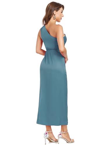 Image of Women's One Shoulder Satin Silk Backless Split Wrap Hem Twist Ruched Summer Party Cocktail Midi Dress