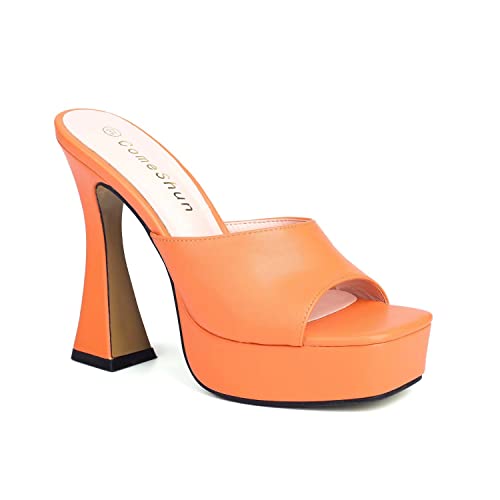 Comeshun Women Kitten Heels Mules Peep Toe Slip On Square Toe Platform Sandals Orange Red Size 8 #TOP30