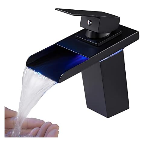 OUGOO LED Light Bathroom Sink Faucet, 3 Colors Changing Waterfall Spout, Hot and Cold Water Mixer Tap, Black Cover