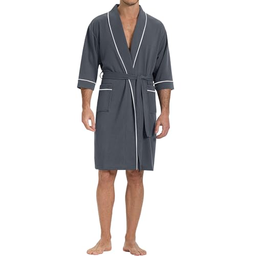 Image of SIORO Men's Waffle Knit Robe with Shawl Collar, Short Lightweight Bathrobe with Pockets, Perfect for Spa, Summer & Shower