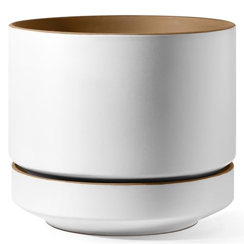 LE TAUCI 14 Inch Large Plant Pot with Saucer, Ceramic Outdoor & Indoor Big Planter with Drainage Hole, Mesh Pad Included, Matte Glazed Outside, Modern for Home and Patio, Alpine White & Ochre by LE TAUCI - Used condition - US$139.58