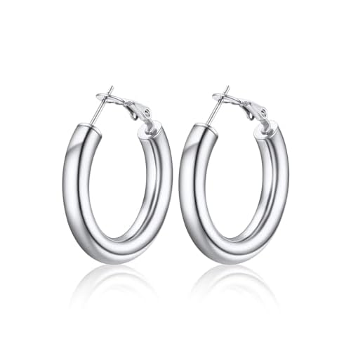 U7 Chunky Hoop Earrings for Women, Stainless Steel Hoops Earring, Classic Polished Thick Ear Jewelry, Black/Silver/Gold Hoop Earrings, 20/30/40/60/80m