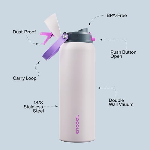 Image of Insulated Water Bottle with Straw - Encool Stainless Steel Water Bottle with Push Button Lid, Leak-Proof & BPA-Free, Keeps Cold for 24 Hours for Sports, Travel, Gym (40 oz, Oyster Pink)