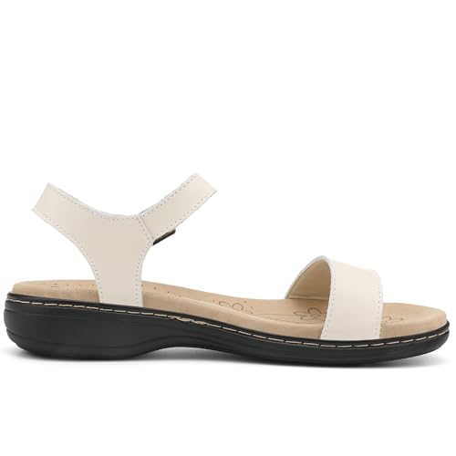 Image of Women's Classic Flat Sandals Leather Open Toes Memory Foam One Band Ankle Strap Adjustable Slip On Shoes