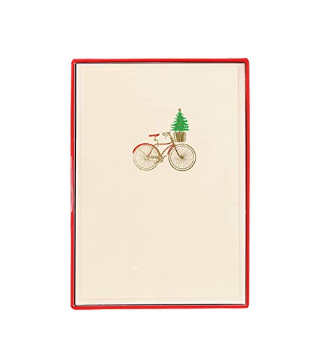 Graphique Bike With Basket Cards | Pack Of 15 Cards With Envelopes | Christmas Greetings | La Petite Noel Collection | Embossing And Gold Foil Accents | Boxed Set | 3.25" X 4.75" #TOP15