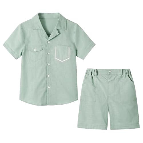 Image of LOLANTA Boys 2 Pieces Linen Set kids Short Sleeve Button Down Shirt and Shorts Summer Vacation Outfits