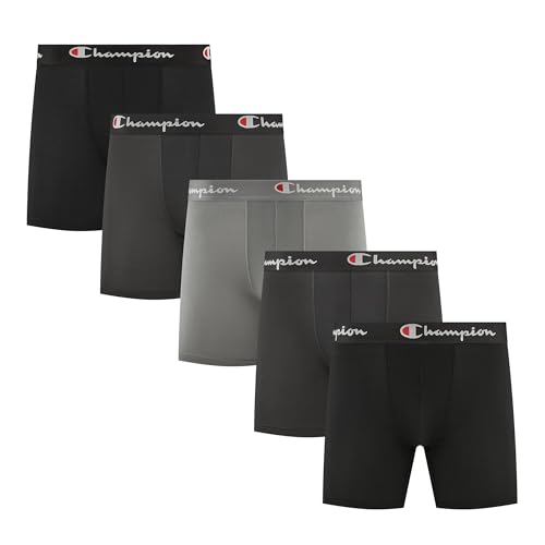 Champion Mens Performance Boxer Brief-5 Pack- with Moisture-Wicking Odor Control Mesh Pouch & No Ride-Up Fit (SXL)