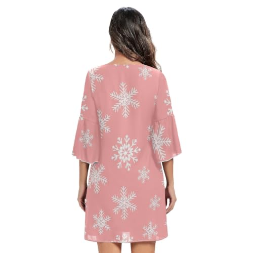 Robe col en V imprimée flocons blancs et rose pour cocktail