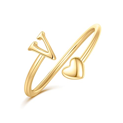 Ailetop Gold Rings for Women Girls - 14K Gold Plated Adjustable Rings for Women Non Tarnish Letter V Initial Heart Ring for Kids Girls Jewelry Teen Girl Gifts Trendy Stuff Birthday Gifts
