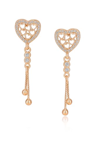 Image of Nilus Collection Rose Gold Plated Heart Design Dangling Earrings with American Diamond Stones For Women And Girls | Gift For Her | Rose gold wedding gift |Romantic gift for women