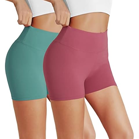 VALANDY 2 Pack Biker Shorts for Women - 5" Buttery Soft High Waisted Tummy Control Biker Shorts for Workout Running Athletic, 2pack Ins Green/Dark Pink, XXL Cover