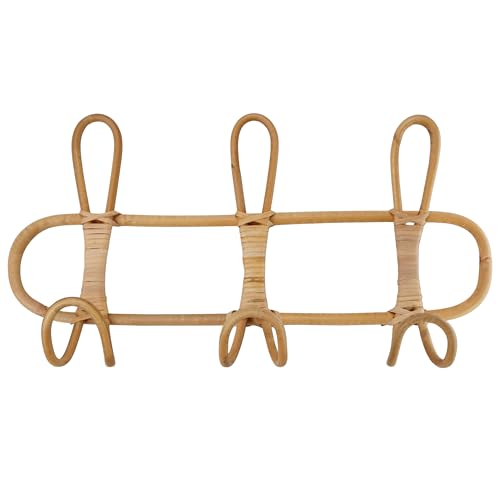 KH866 Boho Rattan Wall Hooks – Handmade Wall Mount Coat & Towel Rack, Natural Beige Hanging Organizer for Clothes, Hats, Towels, and Bags, Perfect for Entryway, Bedroom, Living Room (15.7x7.9 Inch)