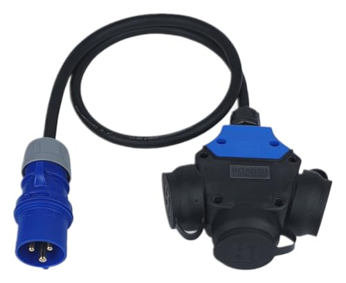 RoadEu - Adaptador para Camping-Car - 16A 3P, 3X enchufes Schuko 230V - Alargador portátil 3m. Ideal para Camping y Autocaravana, Barco y Obra, Zona de Barbacoa y jardín.