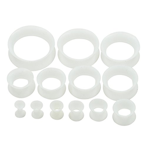 Qmcandy 26pcs 8G-1 White Thin Silicone Double Flared Hollow Flexible Ear Tunnels Kit Ear Stretching Set (13 Pairs)