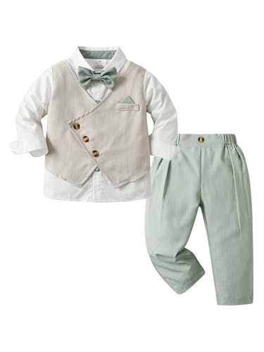 MSemis Traje de Etiqueta de 4 Piezas para Bebé Niños Conjunto Elegante de Gentleman Chaleco Cruzado+Camisa Larga+Pajarita+Pantalones de Traje Ropa de Fiesta de Cumpleaños Verde A 4 5 años
