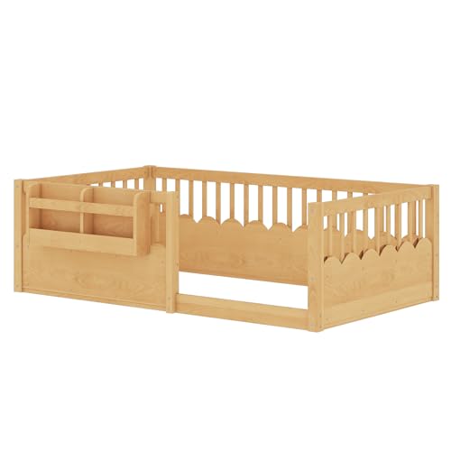 Image of Bellemave Twin Size Kids Montessori Floor Bed,Solid Wood Floor Bed Frame with Bookshelf and High Fence for Kids,Girls,Boys,Natural