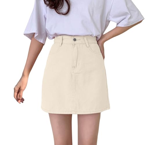 Falda cargo de alta elasticidad para mujer, minifalda de cintura baja, bonita falda de mezclilla con bolsillos, beige, L