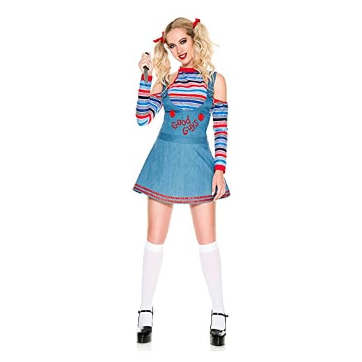 Scary Nightmare Killer Doll Wanna Play Movie Character Chucky Doll Costume Bodysuit (#4 Blue Dress , M )