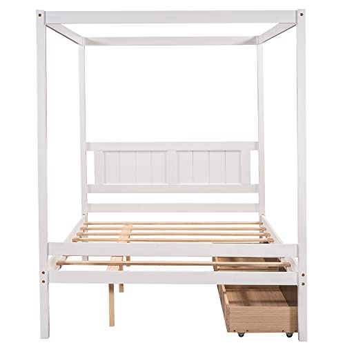 Moeo Full Size Canopy Platform Bed With 2 Drawers, Slat Support Leg, Wood Bedfram W/Guardrail For Kids, Adults, No Spring Box Required, White #TOP7