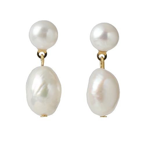 14K Gold Plated Cultured White Baroque Pearl Dangling Drop Earrings for Women Trendy