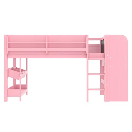 Image of Twin Loft Bed with Multi-Storage Bookcases, Boxes and Drawers, Solid Wood Low Loft Beds with Desk and Blackboard, No Box Spring Needed (Pink-01)
