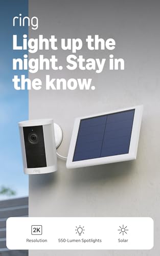 Image of Ring Spotlight Cam, Solar (newest model), Home or business security, Wide-Angle Retinal 2K Video, 6x Enhanced Zoom, Motion-Activated Spotlights, White