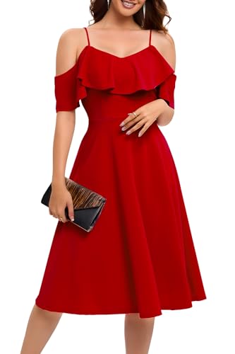 Bbonlinedress Herbstkleid Damen Abendkleider elegant für Hochzeit Cocktailkleid midilang Partykleid festliches Trägerkleid Schulterfrei...