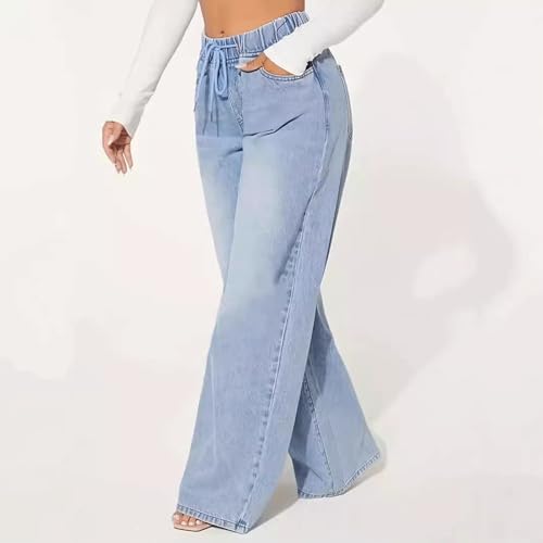 Denim Sweatpants Drawstring Women Wide Leg Jeans Loose Fit Palazzo Elastic Jeans Lightweight Stretch Denim Bottoms2