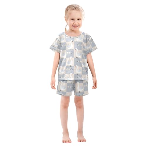 ALAZA Swan Plaid Love Heart Pajamas Set Short Sleeve Cotton Sleepwear Summer Pjs 2 Piece 5-14Y3