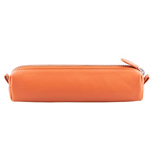Image of DiLoro Leather Zippered Fountain Ballpoint Rollerball Pens and Pencils Case Holder Pouch Genuine Full Grain Soft Nappa Leather (Orange)