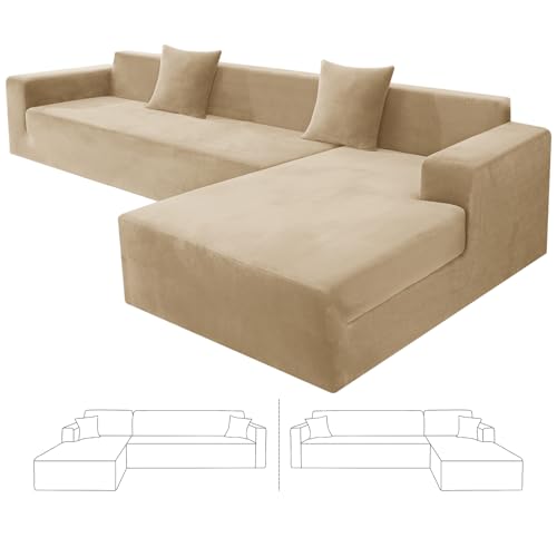 ZNSAYOTX 2026 Soft Velvet Sectional Couch Covers, Luxury Plush Slipcovers with Elastic Bottom for L Shape Sectional Sofa, 2 Pcs Pet Friendly Protector (3 Seat Couch + 3 Seat Chaise, Camel)