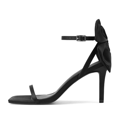 Mattiventon Black Heels for Women High Heeled Sandals with Bow Tie Ankle Strap Open Toe Stiletto Heels for Summer Dressy