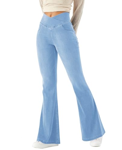 LaiEr Damen Bootcut Jeans V Crossover hohe Taille Pull on Bauch Kontrolle Skinny Yoga Hosen, Denim Hochelastischen weichen Stoff, Ausgestellt Fitness Hose mit Seitentaschen(Light BlueM)