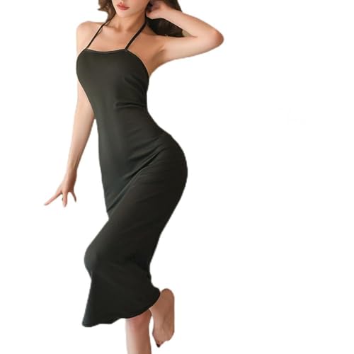 Damen Minikleid mit tiefem V-Ausschnitt, Neckholder, rückenfrei, für Damen, Party, Nacht, sexy, Club, figurbetont, Schwarzer langer Rock,...