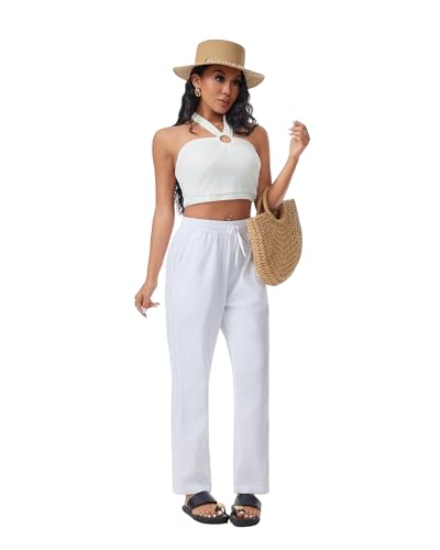 Women Linen Pants Drawstring Elastic Lightweight Capri Pants with Lace Side Summer Beach Casual Pants for Women3