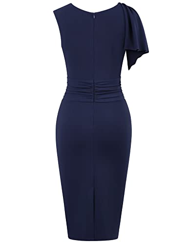 Muxxn Women's Elegant Midi Pencil Sleeveless Crew Neck Bodycon Vintage Office Pleated Wear To Work Dress Navy Blue M #TOP1
