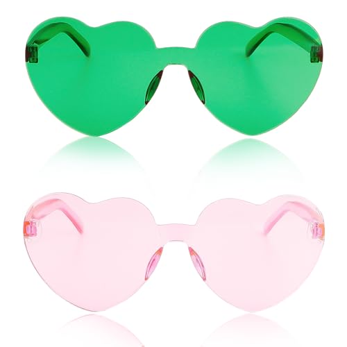 Uintoon Heart Sunglasses 2 Pairs Green & Pink Heart Glasses for Women Girls Cute Heart Shaped Sunglasses Funny Party Glasses Bachelorette Party Favors Accessories for Women Birthday Decorations Gifts